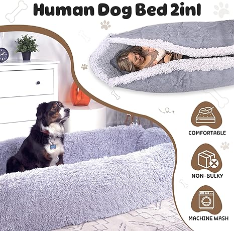 Comfy Human Dog Bed for People Adults, Kids and Large Dogs, Multifunctional 2 in 1 Foldable Human Sized Dog Bed 70"x30"x12" Washable Faux Fur, Matching Blanket and Cushion, Giant Bean Bag Couch