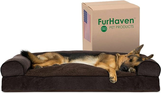 JUMBO XL Pillow Dog Bed for Large Dogs w/ Removable Bolsters & Washable Cover - Sherpa & Chenille Sofa - Coffee Color