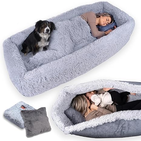 Comfy Human Dog Bed for People Adults, Kids and Large Dogs, Multifunctional 2 in 1 Foldable Human Sized Dog Bed 70"x30"x12" Washable Faux Fur, Matching Blanket and Cushion, Giant Bean Bag Couch